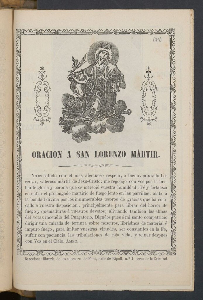 Miniatura de Oración á San Lorenzo Mártir. Yo os saludo con el mas afectuoso respeto ...