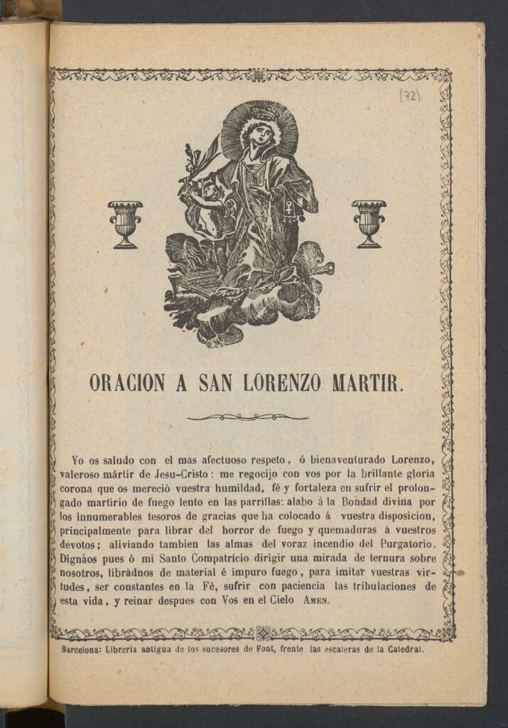 Miniatura de Oración á San Lorenzo Mártir. Yo os saludo con el mas afectuoso respeto ...