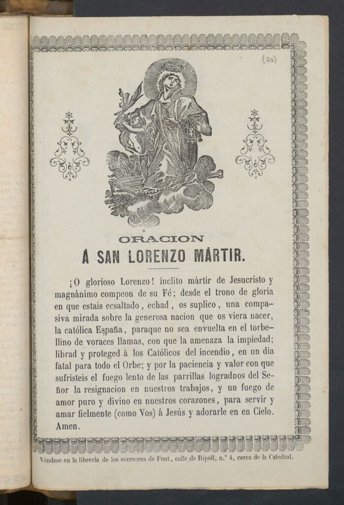 Miniatura de Oración á San Lorenzo Mártir. ¡O glorioso Lorenzo! ínclito martir ...