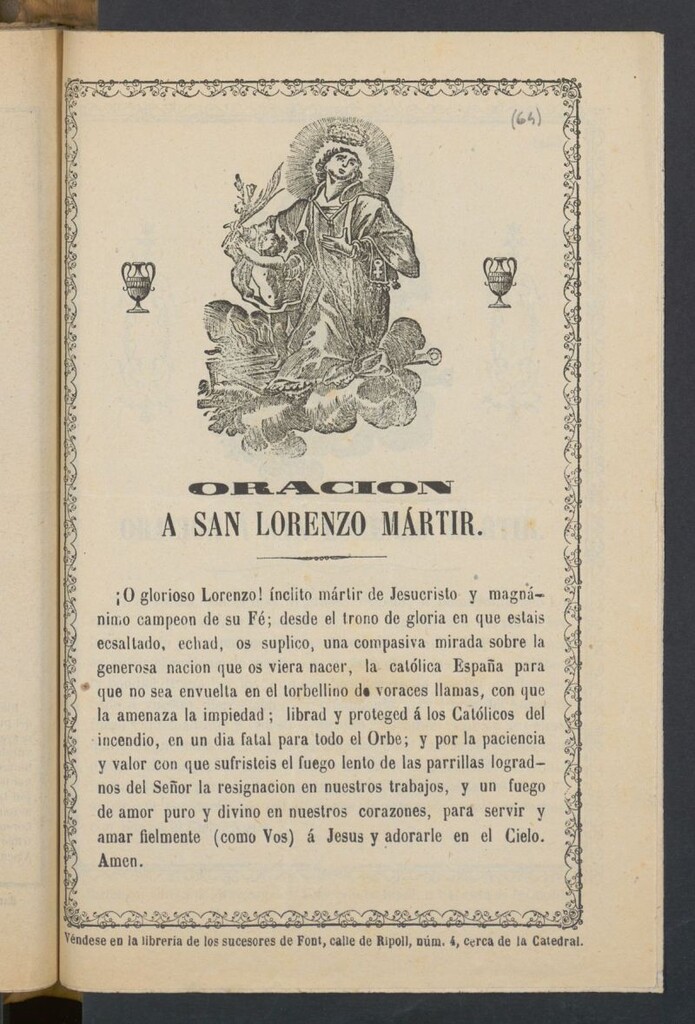 Miniatura de Oración á San Lorenzo Mártir. ¡O glorioso Lorenzo! ínclito martir ...