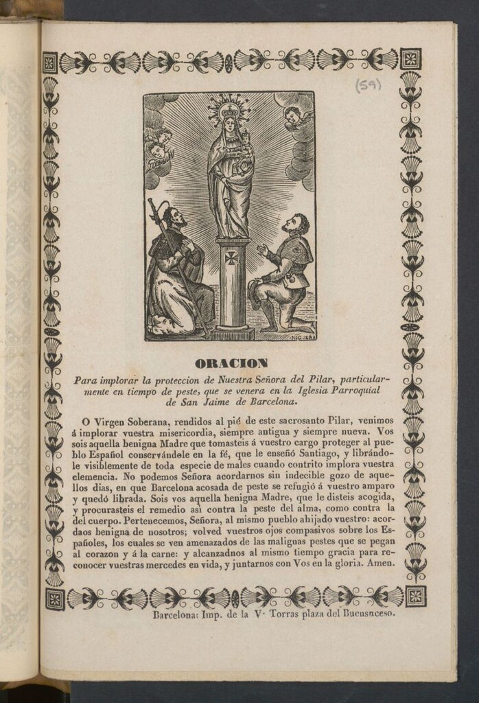 Miniatura de Oración para implorar la protección de Nuestra Señora del Pilar, particularmente en tiempo de peste, que se venera en la Iglesia Parroquial de San Jaime de Barcelona