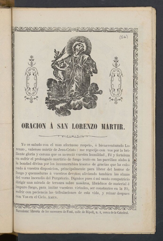 Miniatura de Oración á San Lorenzo Mártir. Yo os saludo con el mas afectuoso respeto ...