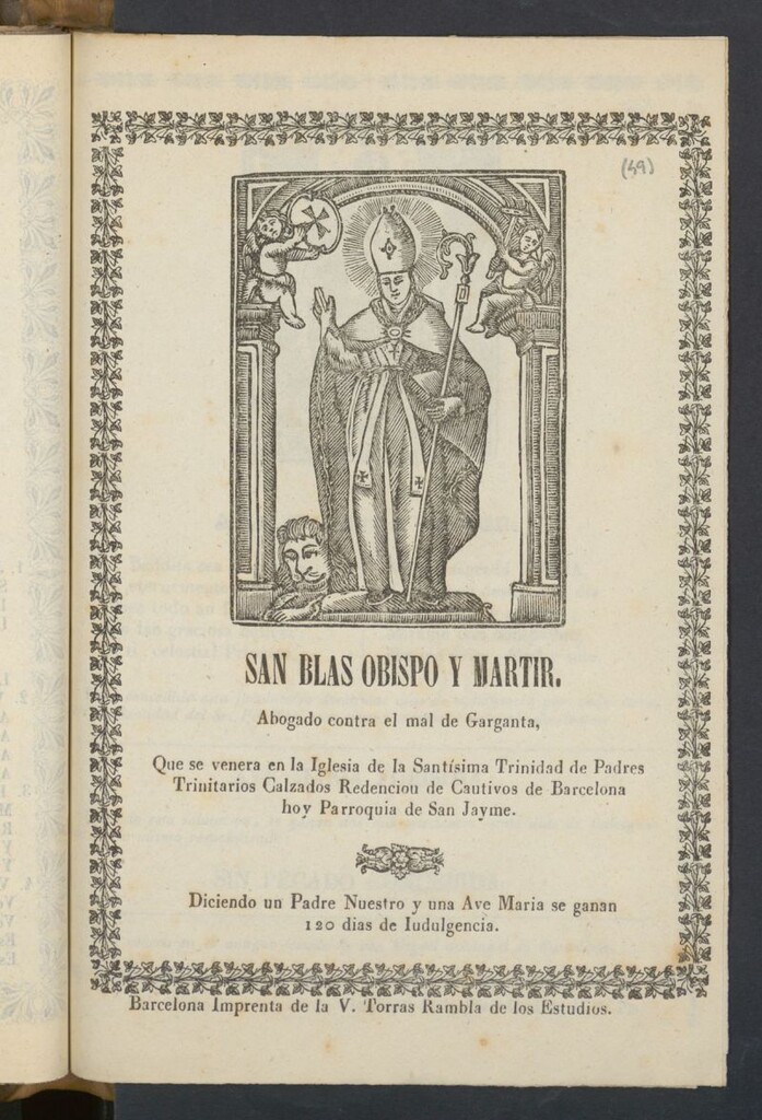Miniatura de San Blas Obispo y martir : abogado contra el mal de la garganta. Que se venera en la Iglesia de la Santísima Trinidad de Padres Trinitarios Calzados Redención de Cautivos de Barcelona huy Parroquia de San Jayme