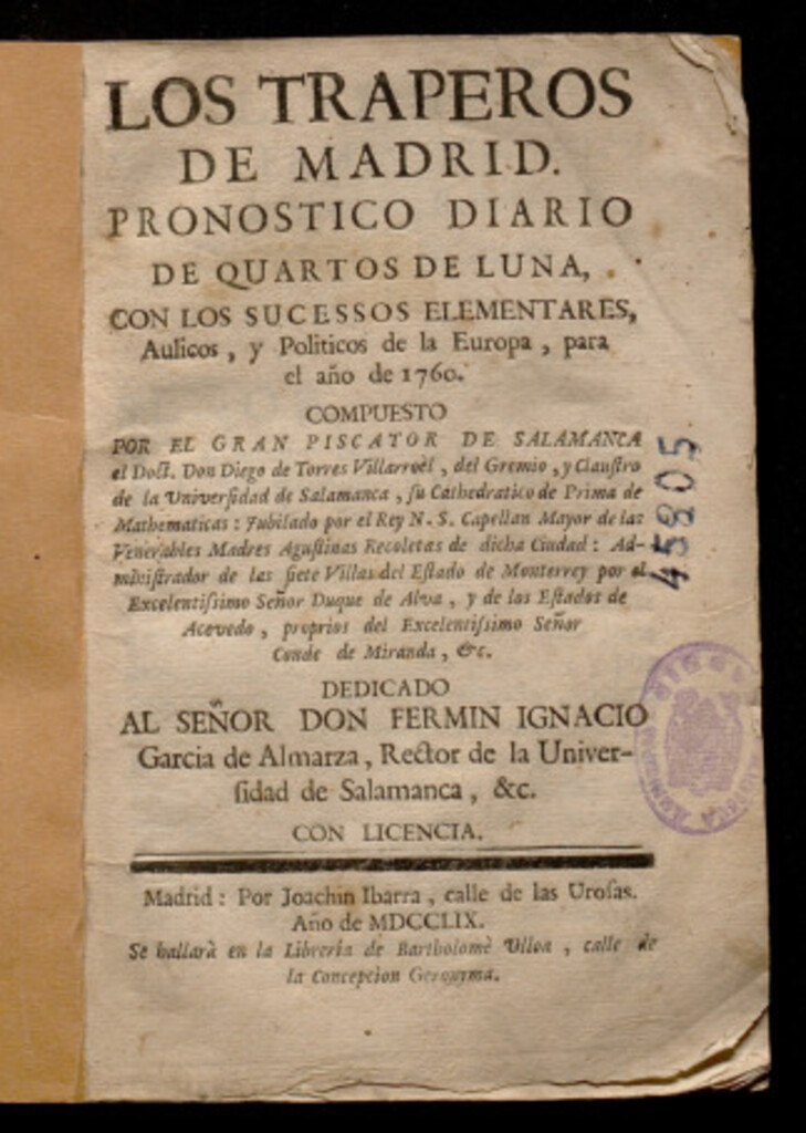 Miniatura de Los traperos de Madrid : pronóstico diario de quartos de luna, con los sucessos elementales, aulicos, y políticos de la Europa, para el año 1760
