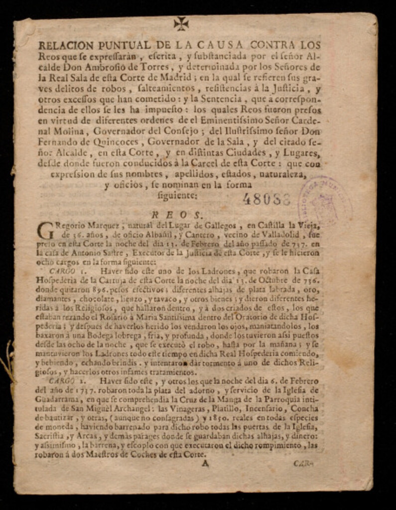Miniatura de Relación puntual de la causa contra los Reos que se expressaràn, escrita, y substanciada por el señor Alcalde Don Ambrosio de Torres,