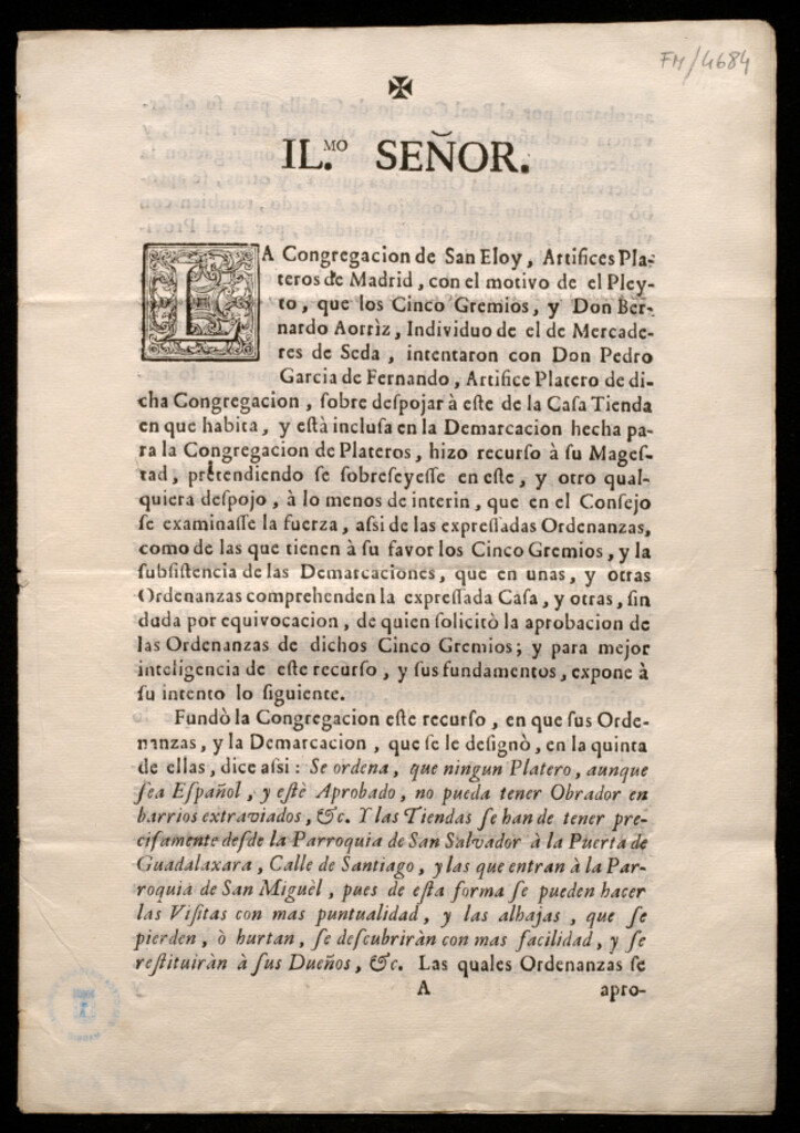 Miniatura de La Congregación de San Eloy, Artifices Plateros de Madrid, con el motivo de el Pleyto, que los Cinco Gremios,m y Don Bernardo Aorrìz,
