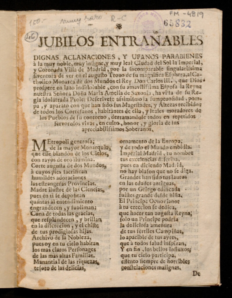 Miniatura de Jubilos entrañables, dignas aclanaciones [sic]... à la muy noble .. y Coronoda Villa de Madrid, por la ... aventura de ver en el augusto Trono ... al Catholico Monarca ... Carlos III ... con su amabilissima Esposa ..