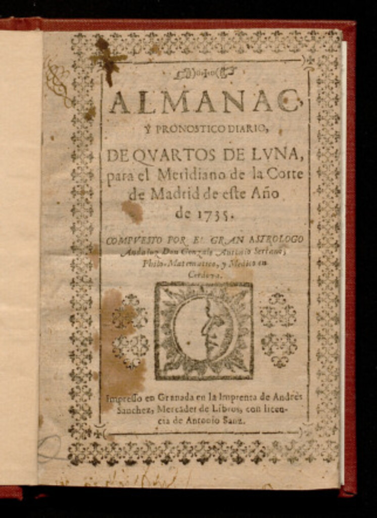 Miniatura de Almanac, y pronostico diario, de quartos de luna para el Meridiano de la Corte de Madrid de este año de 1735 