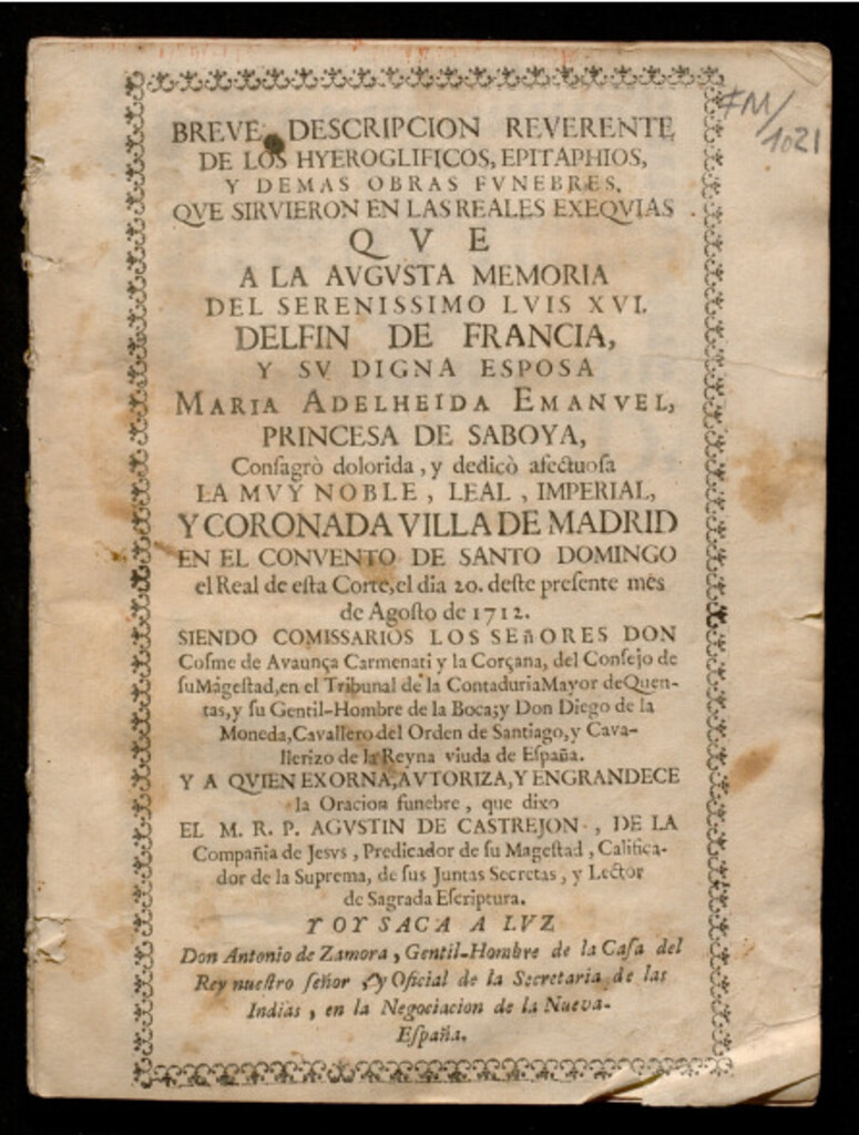 Miniatura de Breve descripcion reverente de los hyeroglificos, epitaphios, y demas obras funebres, que sirvieron en las reales exequias que a la augusta memoria del Serenissimo Luis XVI, Delfin de Francia,