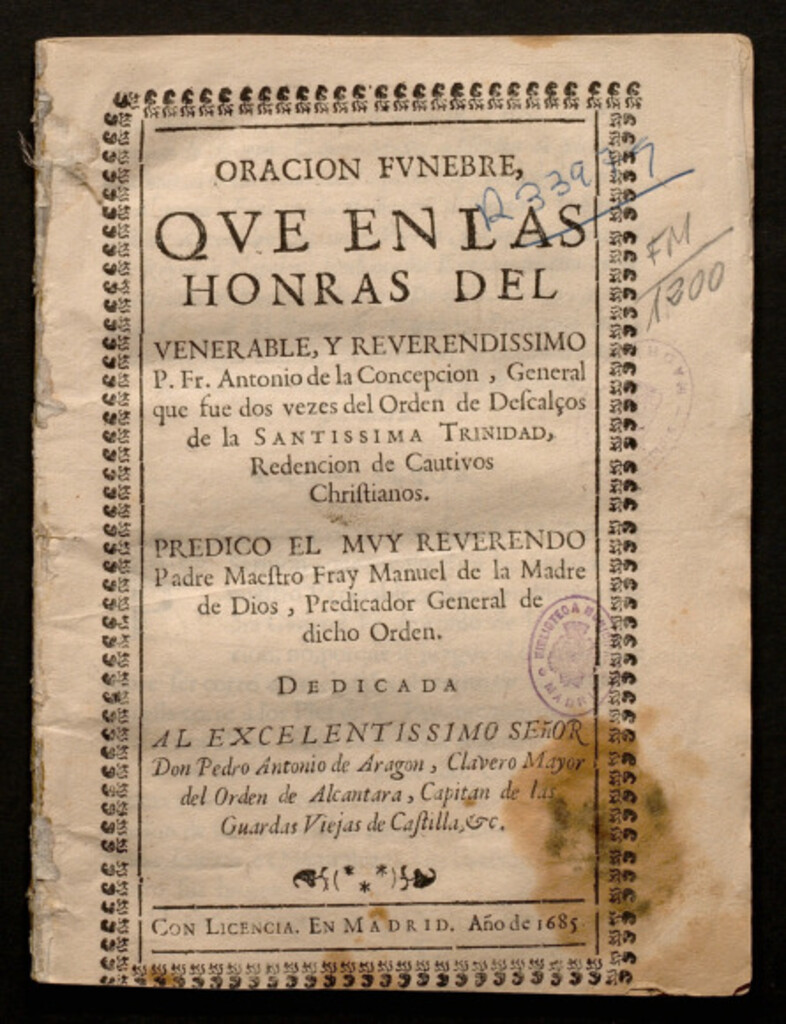 Miniatura de Oracion funebre, que en las honras del Venerable... Fr. Antonio de la Concepcion