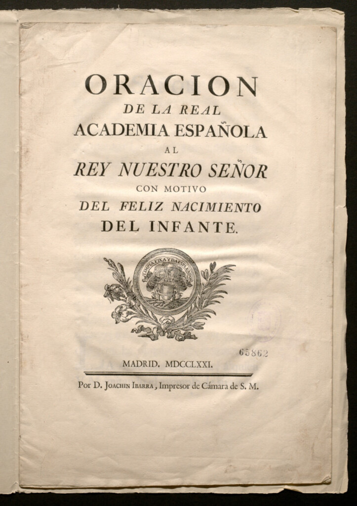 Miniatura de Oración de la Real Academia Española al Rey Nuestro Señor con motivo del feliz nacimiento del infante