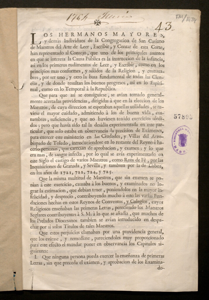 Miniatura de Petición de informe sobre la conveniencia de que los maestros de primeras letras sean examinados por la Congregación de San Casiano