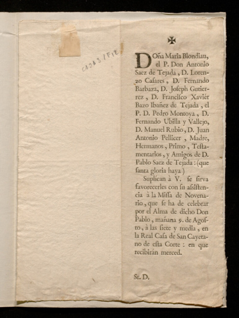 Miniatura de Doña María Blondiau, el P. Don Antonio Saez de Tejada... amigos de D. Pablo Saez de Tejada ... suplican à V. se sirva favorecerles con su asistencia a la Missa de Novenario, que se ha de celebrar por el alma de dicho Don Pablo, mañana 9 de Agosto ... en l