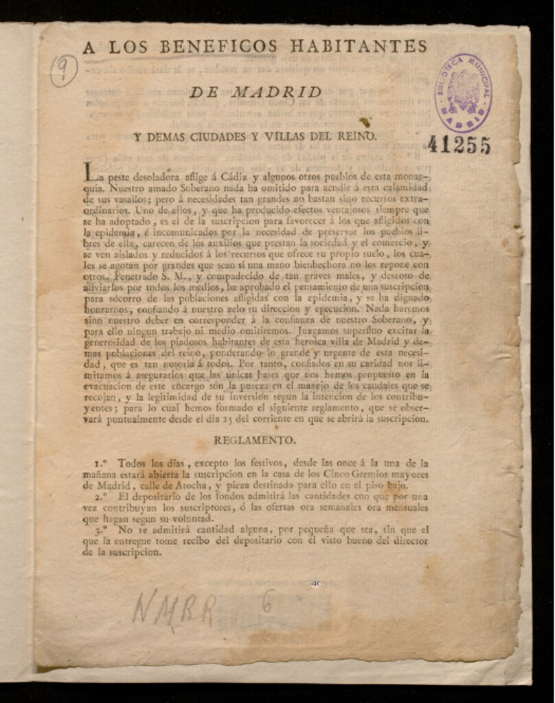Miniatura de A los beneficos habitantes de Madrid y demas ciudades y villas del reyno: La peste desoladora aflige a Cádiz y algunos otros pueblos ... reglamento