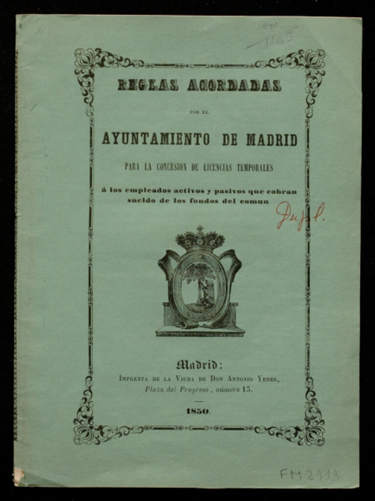 Miniatura de Reglas acordadas por el Ayuntamiento de Madrid para la concesión de licencias temporales a los empleados activos y pasivos que cobran sueldo de los fondos del común
