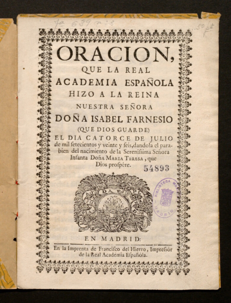 Miniatura de Oración que la Real Academia Española hizo a la Reina Nuestra Señora Doña Isabel Farnesio... 