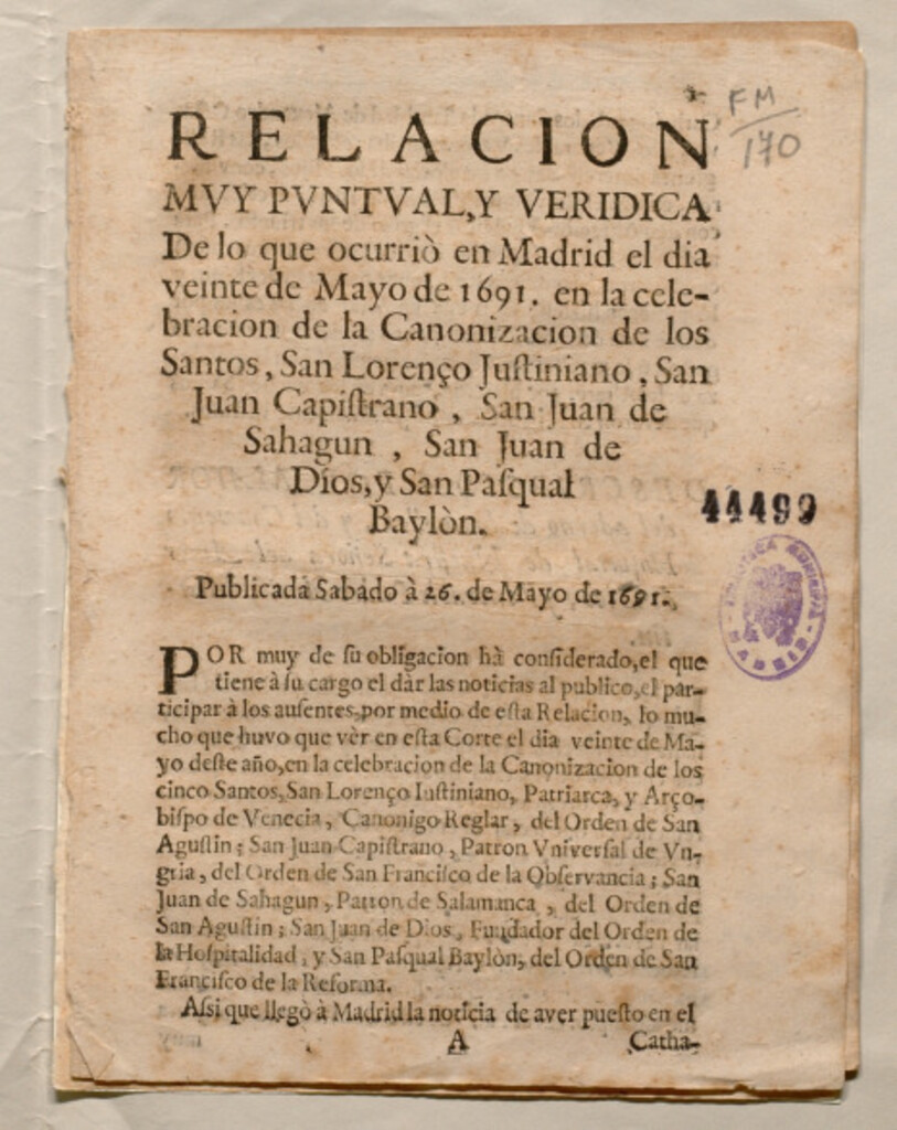 Miniatura de Relacion muy puntual y veridica de lo que ocurriò en Madrid el dia veinte de mayo de 1691 en la celebracion de la canonizacion de los santos San Lorenço Iustiniano