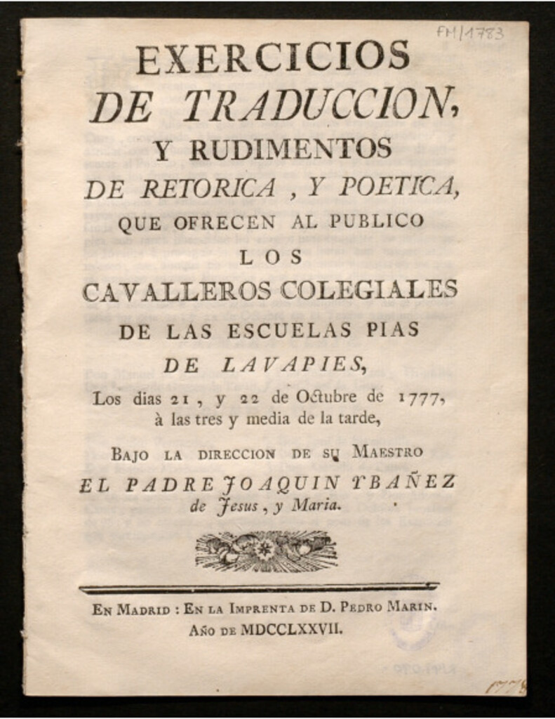 Miniatura de Exercicios de traducción, y rudimentos de retórica, y poética, que ofrecen al público los caballeros colegiales de las Escuelas Pias de Lavapies