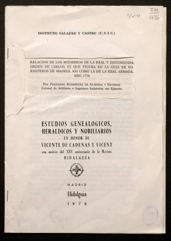 Miniatura de Relación de los miembros de la Real y distinguida Orden de Carlos III que figura en la Guía de Forasteros de Madrid, así como la de la Real Armada. Año 1776