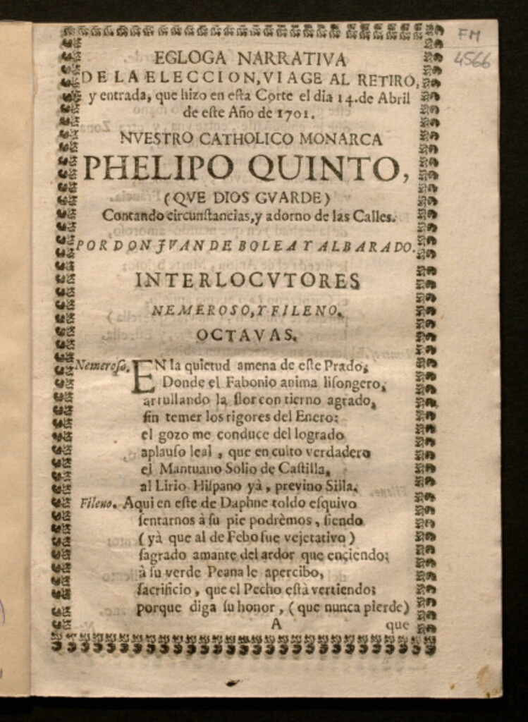 Miniatura de Egloga narrativa de la eleccion, viage al retiro, y entrada, que hizo en esta Corte el dia 14 de Abril de este Año de 1701, nuestro catholico monarca Phelip Quinto ... 
