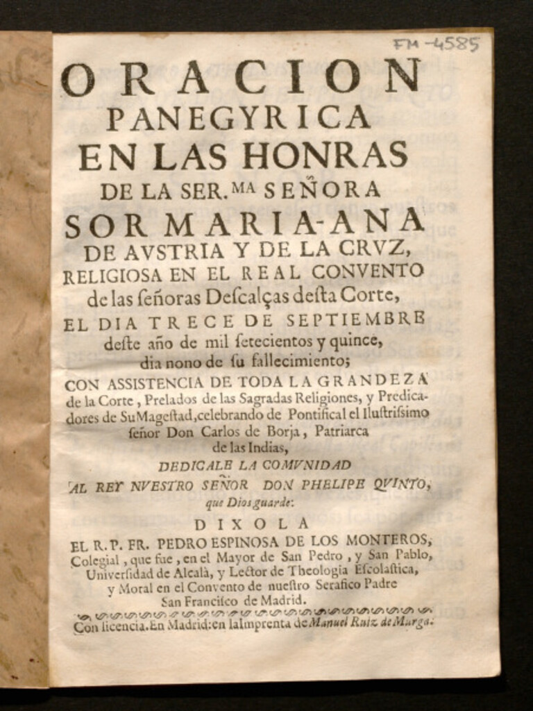 Miniatura de Oracion panegyrica en las honras de ... Sor Maria-Ana de Austria y de la Cruz, Religiosa en el Real Convento de las señoras Descalças 