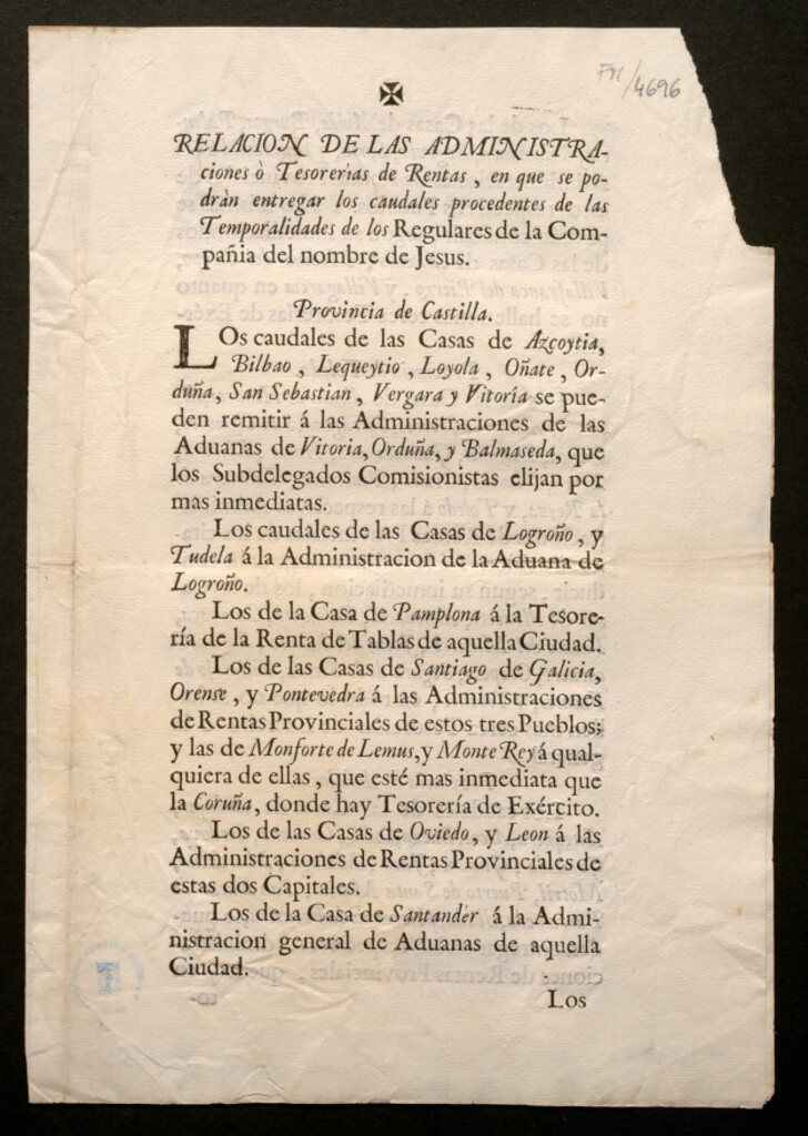 Miniatura de Relación de las administraciones o Tesorerías de Rentas, en que se podrán entregar los caudales procedentes de las Temporalidades de los Regulares de la Compañía del nombre de Jesús