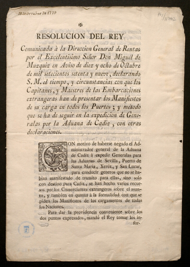 Miniatura de Resolución del Rey : Comunicada à la Direccion General de Rentas por ... Miguél de Muzquiz en Aviso de diez y ocho de Octubre de mil stecientos setenta y nueve,