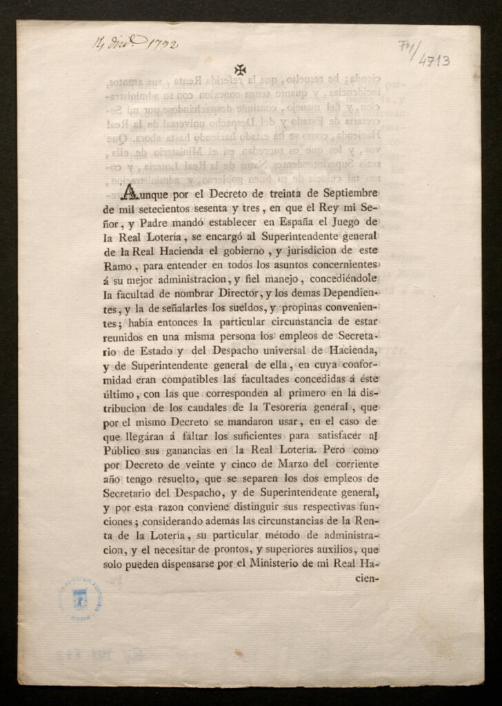 Miniatura de Aunque por el Decreto de treinta de Septiembre de mil setecientos sesenta y tres, en que el Rey ... mandó establecer en España el Juego de la Real Lotería ... he resuelto ... que vos [Diego de Gardoqui] seais Superintendentes Natos de la Real Lotería ..