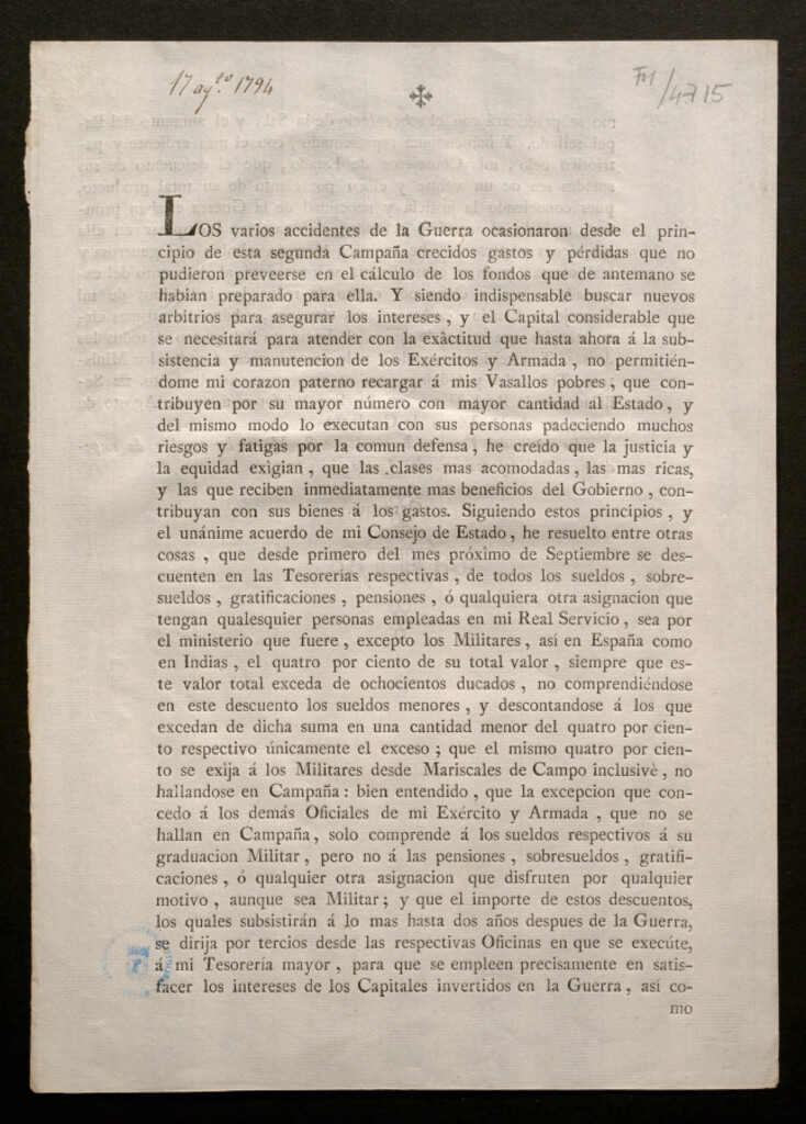 Miniatura de Los varios accidentes de la Guerra ocasionaron ... gastos y pérdidas que no pudieron preverse ... he resuelto entre otras cosas, que desde primero del mes próximo de Septiembre se descuenten ... de todos los sueldos ... el quatro por ciento ...