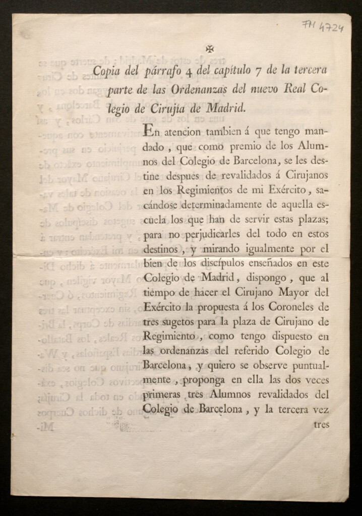 Miniatura de Copia del párrafo 4 del capítulo 7 de la tercera parte del nuevo Real Colegio de Cirujía de Madrid