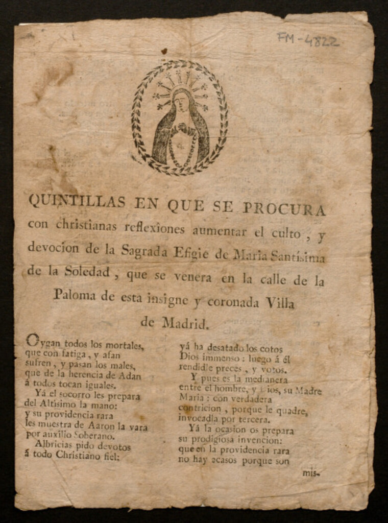 Miniatura de Quintillas en que se procura con christianas reflexîones aumentar el culto, y devocion de la Sagrada Efigie de Maria Santísima de la Soledad