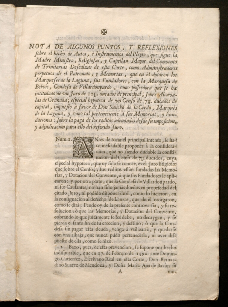 Miniatura de Nota de algunos puntos sobre ... Instrumentos del Pleyto, que sigue la Madre Ministra, Religiosas, y Capellan Mayor del Convento de Trinitarias Descalzas de esta Corte, como administradores perpetuos de el Patronato ... 