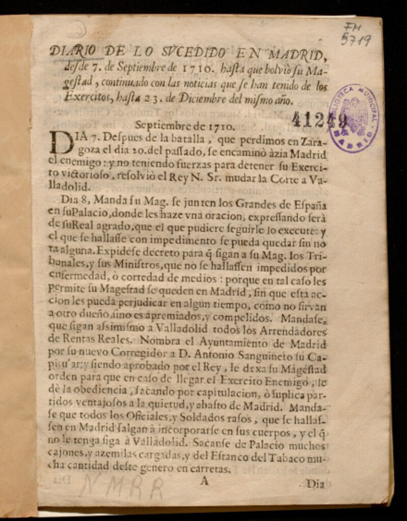 Miniatura de Diario de lo sucedido en Madrid, del 7 de Septiembre de 1710 hasta que bolviò su Magestad
