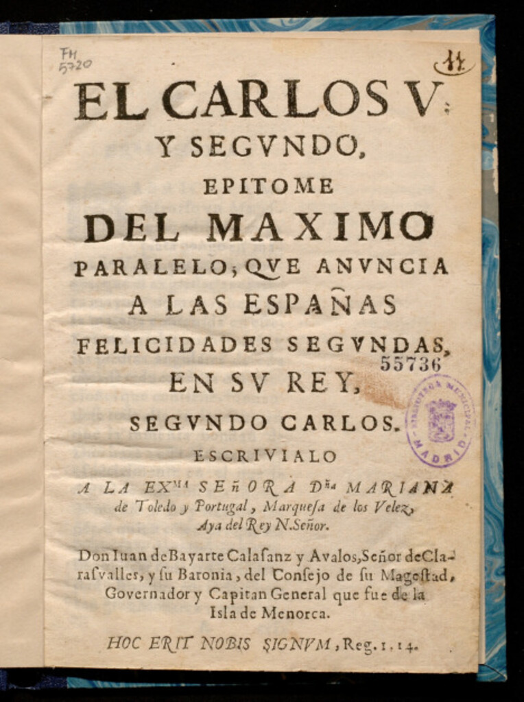 Miniatura de El Carlos V, y Segundo : epítome del maximo paralelo, que anuncia a las Españas felicidades segundas, en su rey segundo Carlos