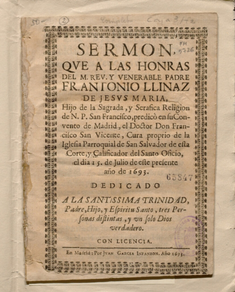 Miniatura de Sermon, que a las honras del ... P.Fr. Antonio Llinaz de Jesus Maria ... de la ... Religion de N.P. San Francisco ...