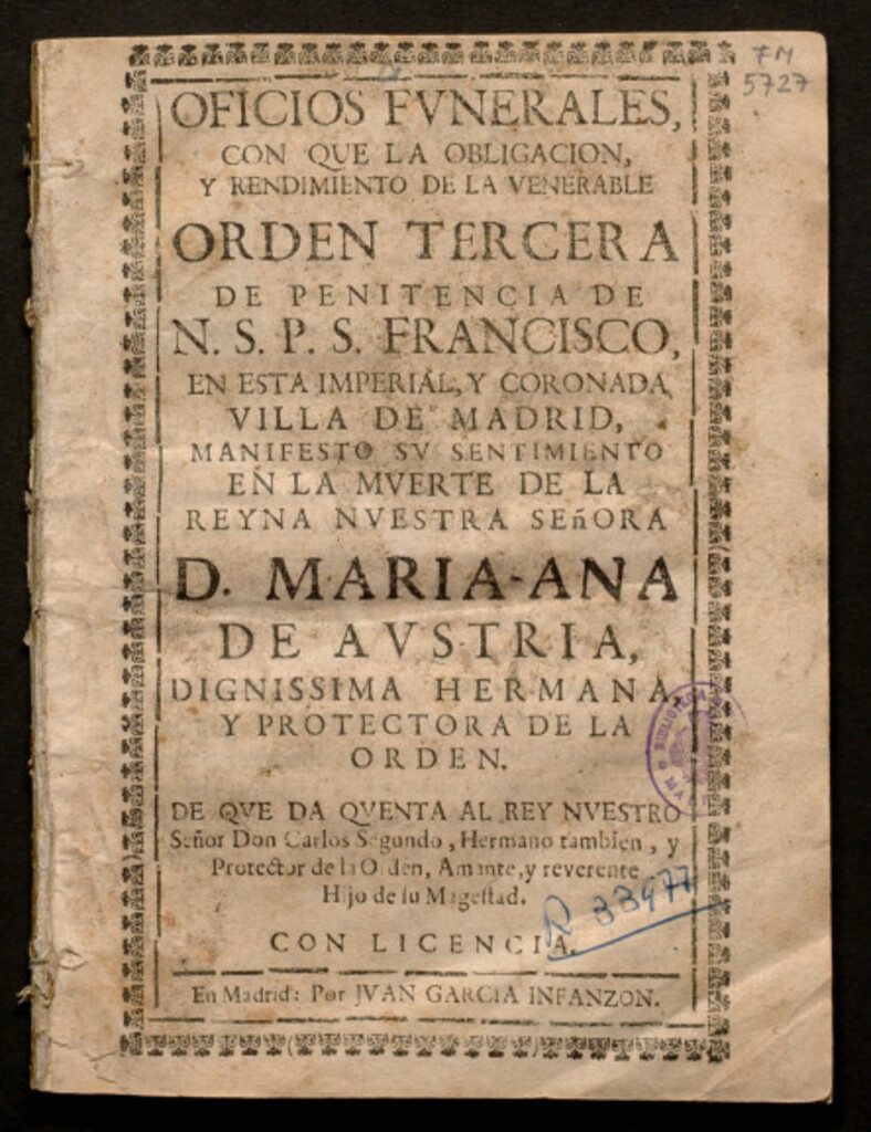 Miniatura de Oficios funerales con que la ... Orden Tercera de Penitencia de N.S.P.S. Francisco, en ... Madrid manifesto su sentimiento en la muerte de la reyna ... 
