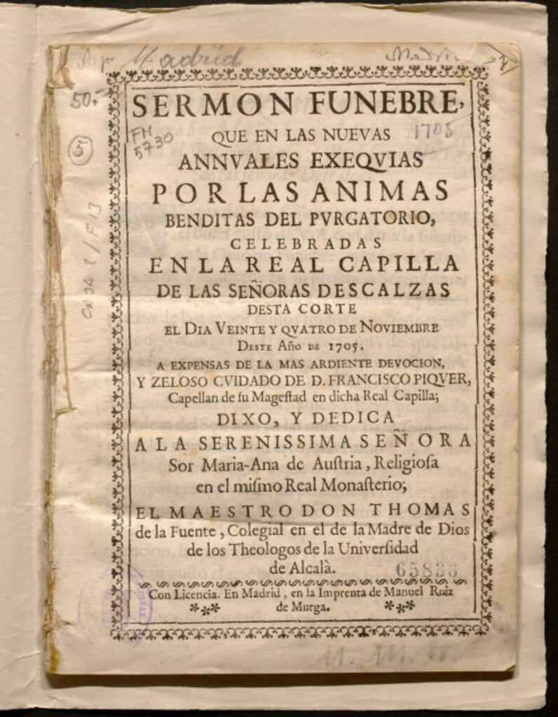 Miniatura de Sermon funebre que en las nuevas annuales exequias por las Animas Benditas del Purgatorio celebradas en la Real Capilla de las Señoras Descalzas desta Corte
