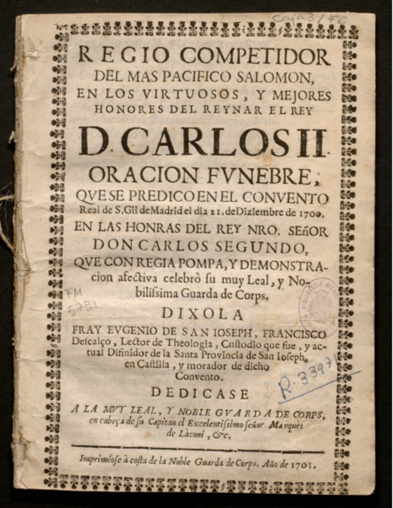 Miniatura de Regio competidor del mas pacifico Salomon, en los virtuosos, y mejores honores del reynar el rey D. Carlos II