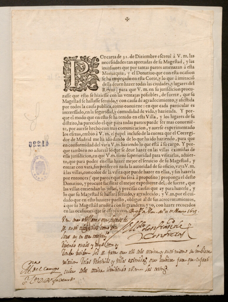 Miniatura de Por carta de 31 de Diziembre escreuì à V.m. las necesidades tan apretadas de su Magestad, y las inuasiones que por tantas partes amenazan à esta Monarquia,
