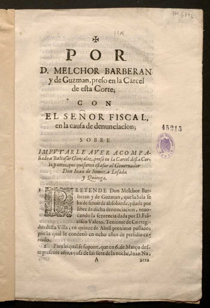 Miniatura de Por D.Melchor Barberán y de Guzmán, preso en la Carcel de esta Corte, con el señor fiscal en la causa de denunciación