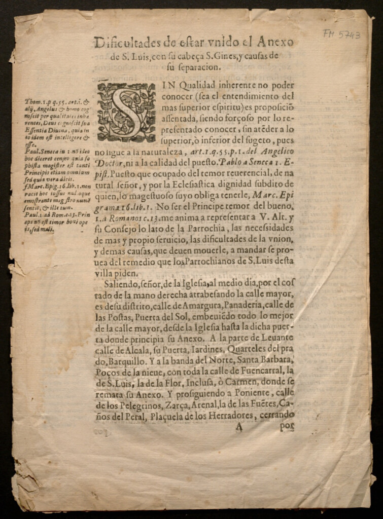 Miniatura de Dificultades de estar unido el Anexo de S.Luis, con su cabeça S. Gines, y causas de su separacion