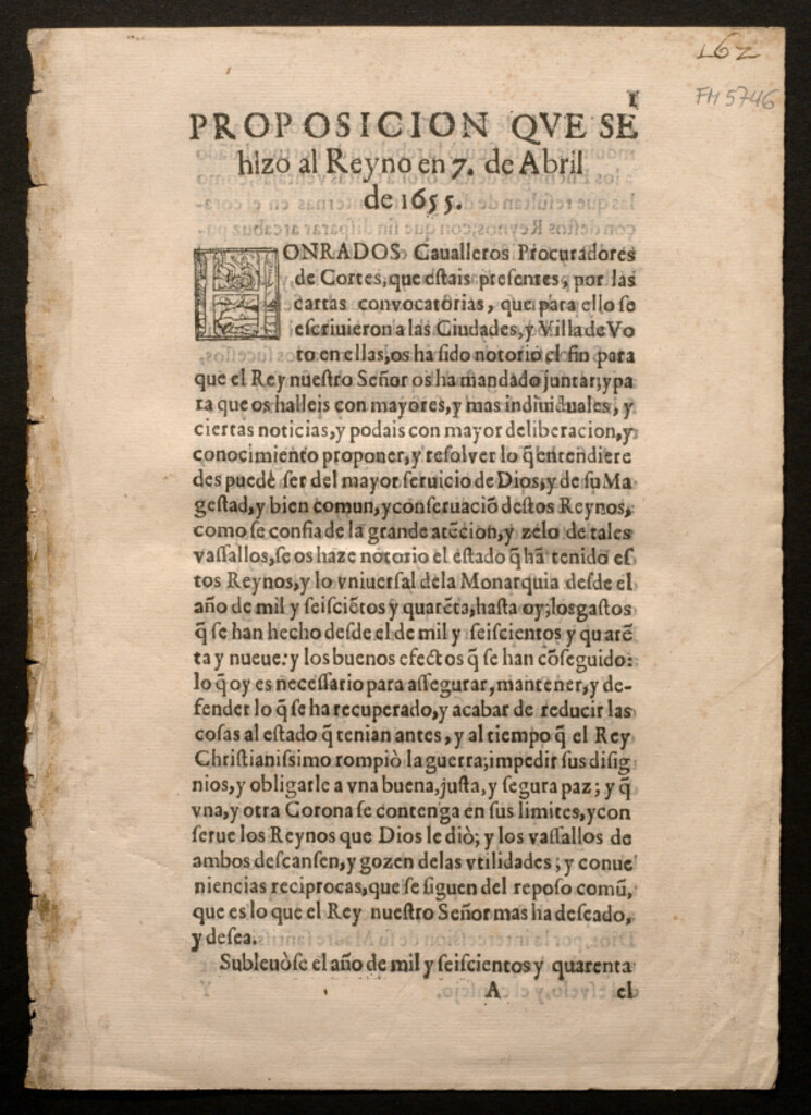 Miniatura de Proposicion que se hizo al Reyno en 7 de Abril de 1655