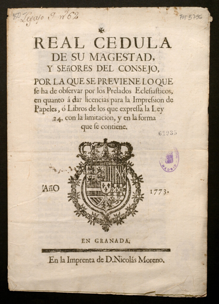 Miniatura de Real Cedula de su Magestad y señores del Consejo, por la que se previene lo que se ha de observar por los Prelados Eclesiasticos, en quanto á dar licencias para la Impresion de Papeles, ó Libros