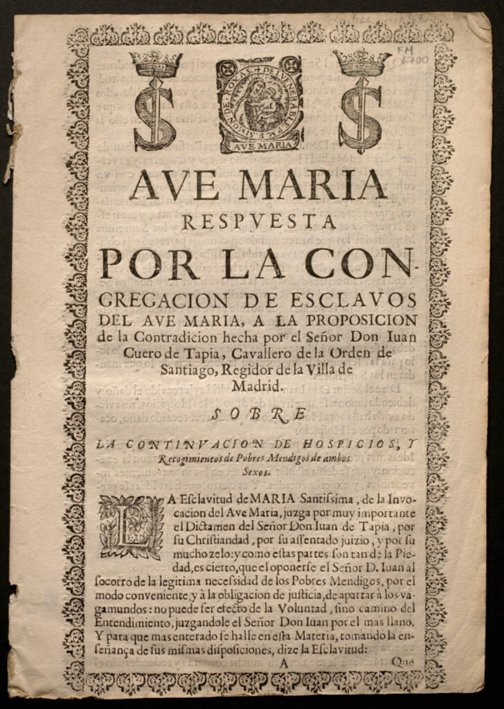 Miniatura de Respuesta por la congregación de esclavos del Ave Maria, a la proposición de la Contradición hecha por el Señor Don Iuan Cuero de Tapia, 