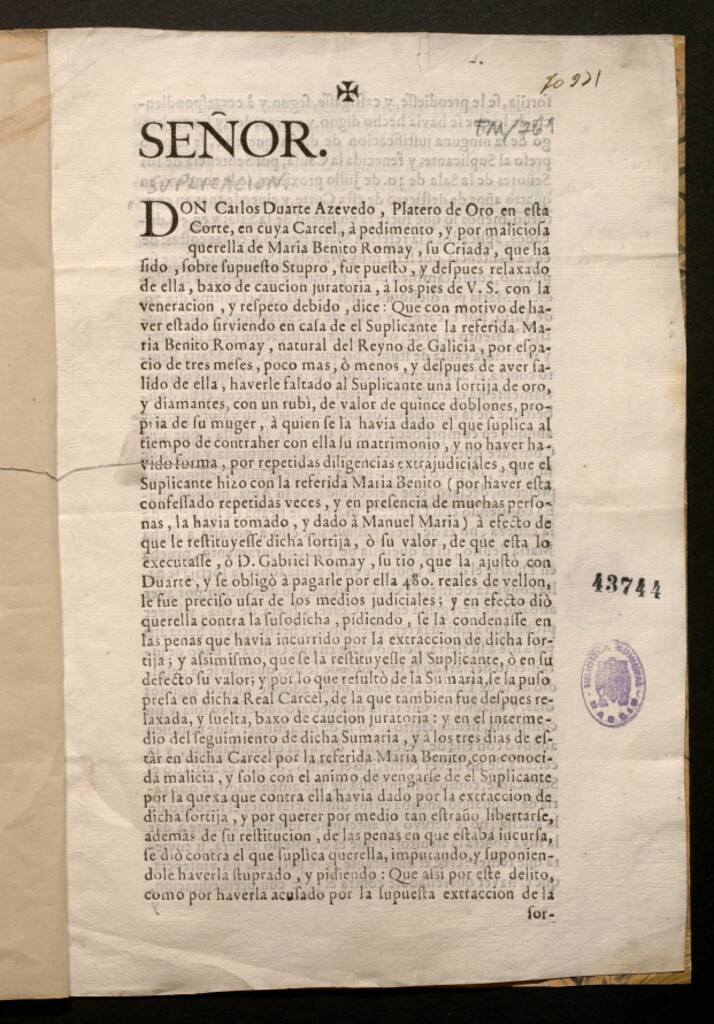 Miniatura de [Suplicación de Carlos Duarte Azevedo, platero de oro de Madrid para revisar la vista en que fue sentenciado por estupro por querella de su criada María Benito Romay]