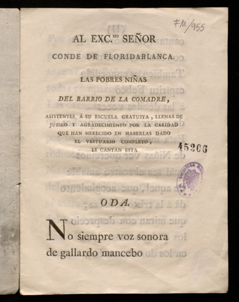 Miniatura de Oda al excmo. Señor Conde de Floridablanca : las pobres niñas del barrio de la Comadre, asistentes a su escuela gratuita