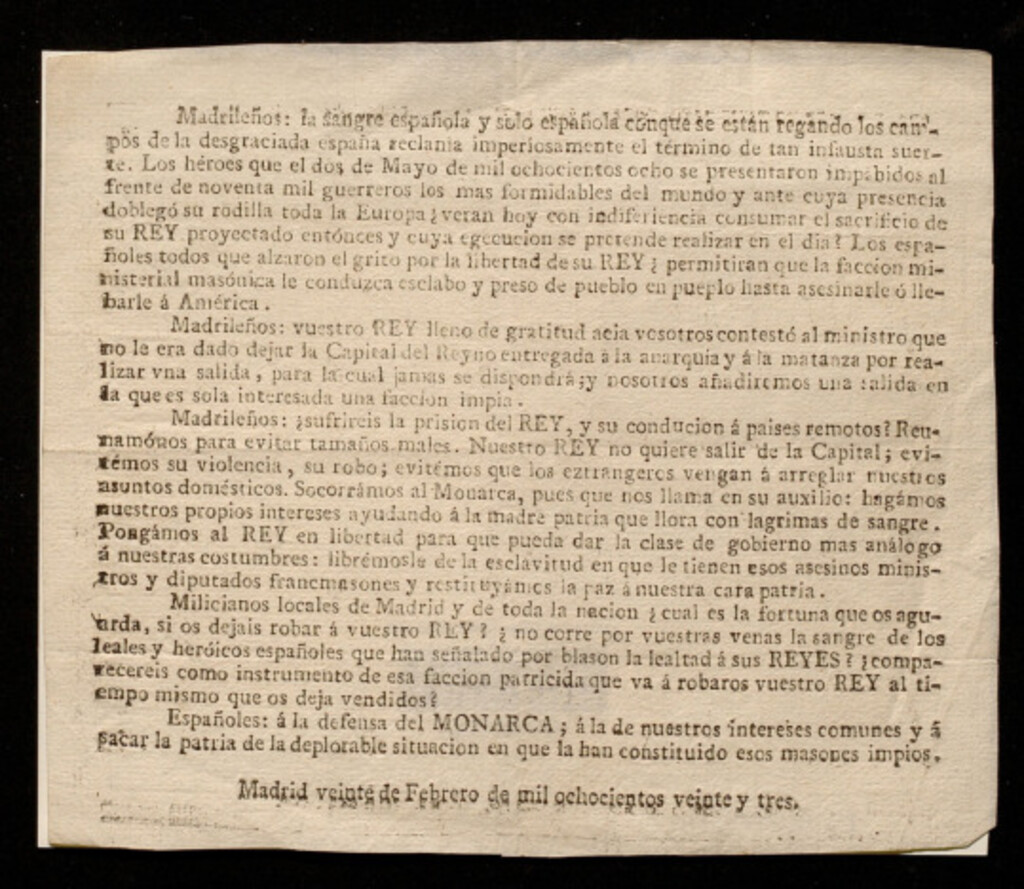 Miniatura de [Proclama dirigida a los madrileños para que defiendan a su Rey, Fernando VII, y no permitan "que la facción ministerial masónica le conduzca esclabo (sic) y preso de pueblo en pueplo(sic) hasta asesinarle o llebarle (sic) a América"]