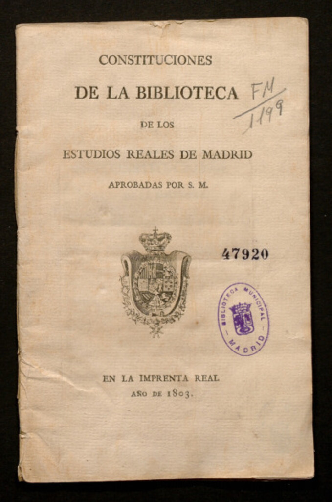 Miniatura de Constituciones de la Biblioteca de los estudios reales de Madrid, aprobadas por S.M.