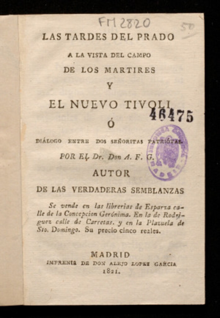 Miniatura de Las tardes del Prado a la vista del campo de los mártires y el nuevo tívoli o diálogo entre dos señoritas patriotas