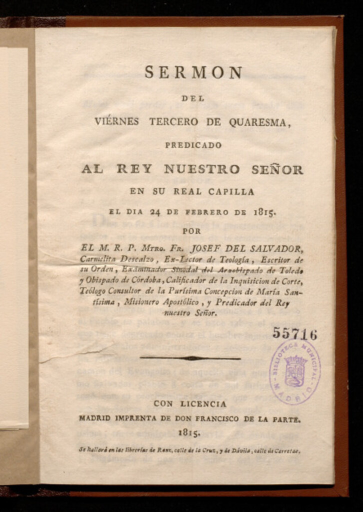 Miniatura de Sermón del viernes tercero de quaresma, predicado al Rey nuestro Señor en su Real Capilla el dia 24 de febrero de 1815..